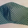 Face mask reusable triple layer 100% cotton turquoise with white spots