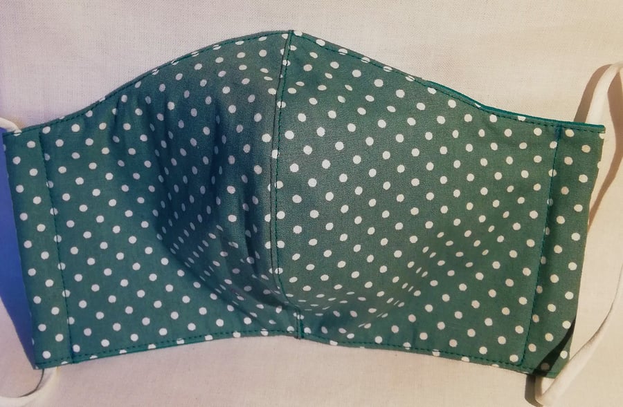 Face mask reusable triple layer 100% cotton turquoise with white spots