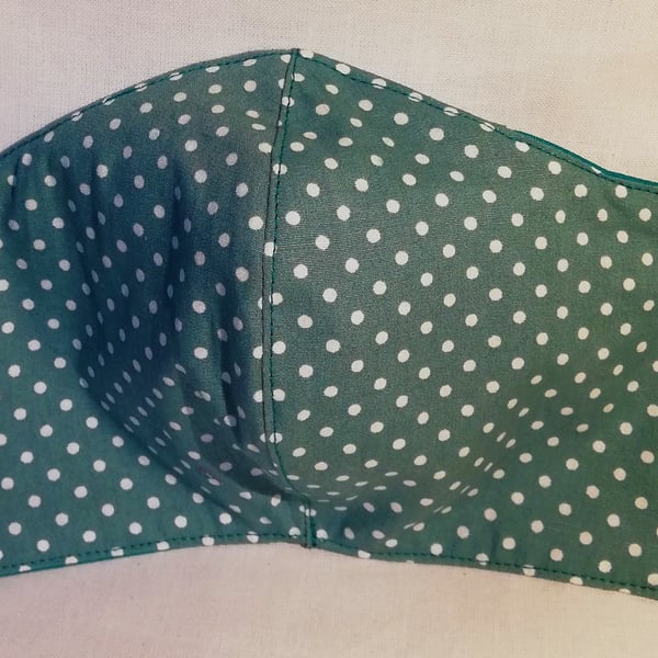 Face mask reusable triple layer 100% cotton turquoise with white spots