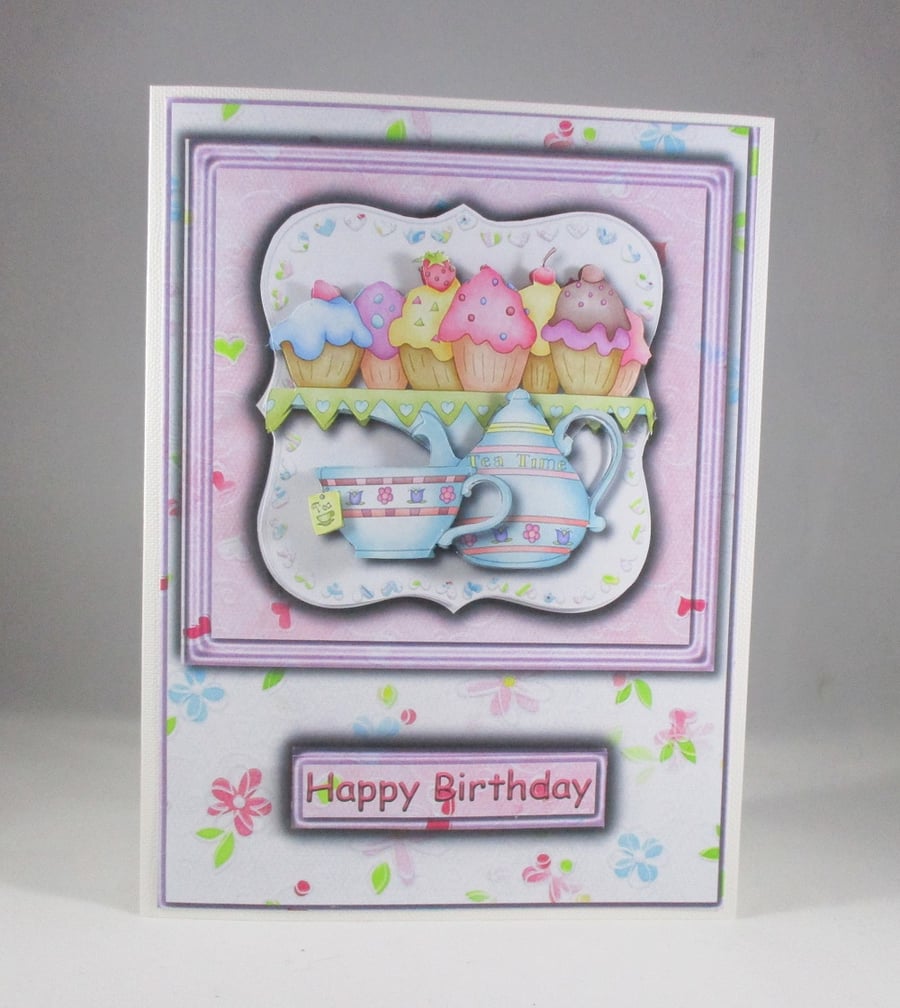 Decoupage,3D Cake and Tea Birthday Card,Personalise