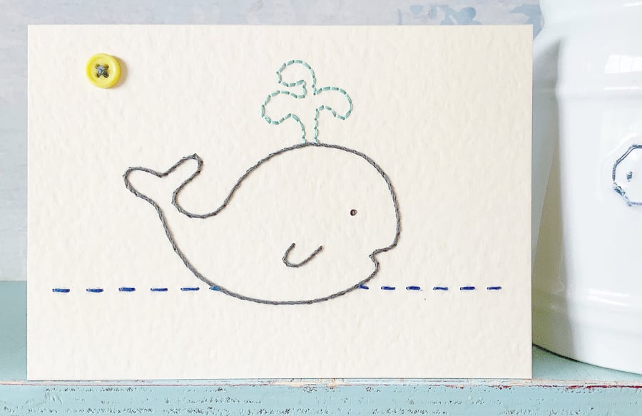 Whale Card. Hand Sewn Card. Embroidered Card. Blank Card. Birthdays. Ocean Card.