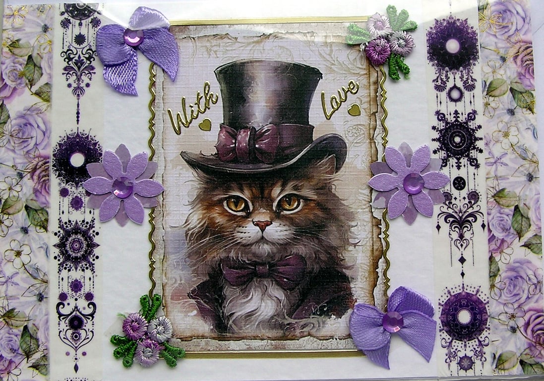 Gentleman Tabby Cat - Hand Crafted Decoupage Greeting Card - With Love (3306)