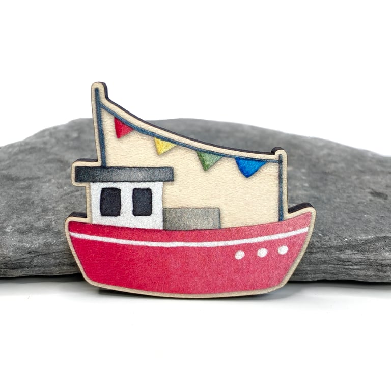 Fishing Boat Fridge Magnet - Maple Wood Magnet - Seaside Kitchen Coastal Decor