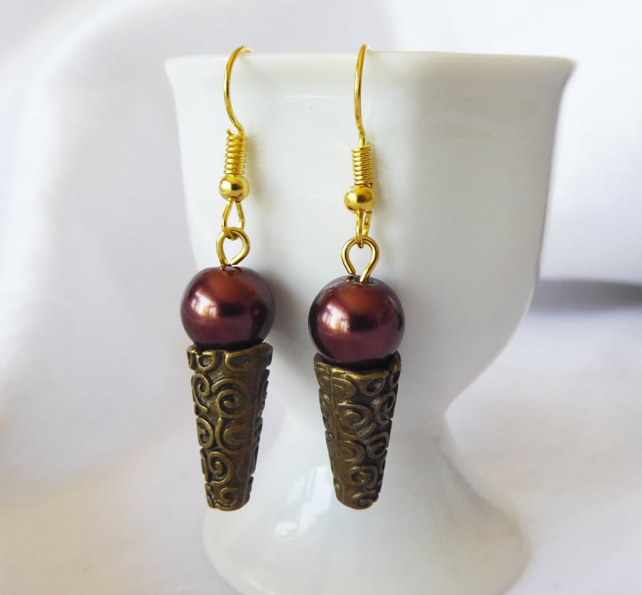 Double Chocolate Ice Cream Cone Earrings with gold plated ear-wires