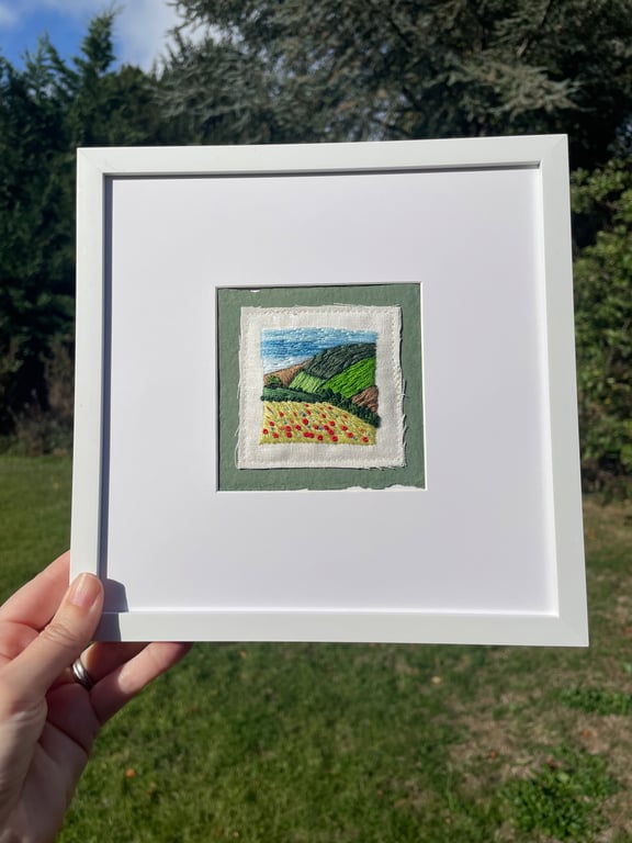 Poppy field landscape hand embroidered 'mini art' keepsake card
