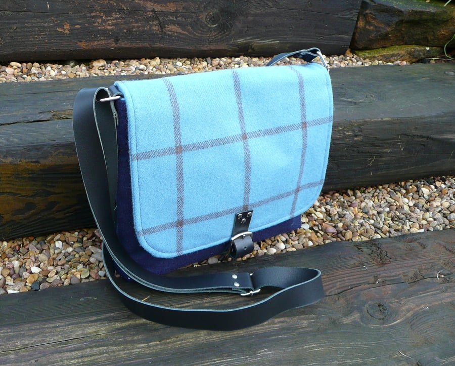 Crossbody bag, blue check tweed shoulder bag, man bag, unisex bag,