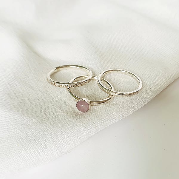 Sterling Silver Stacking Rings, one set with Lilac Amethyst Cabochon - set of 3 