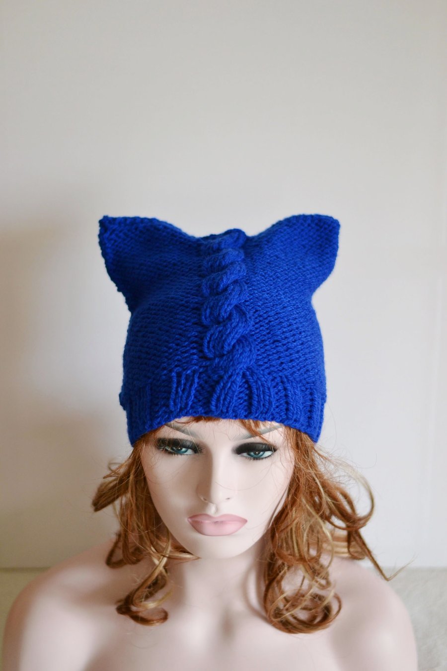 Hat Royal Blue Womens Knitted Cat Hat Chunky Knit Beanie