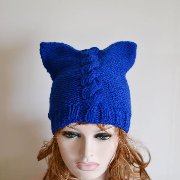 Hat Royal Blue Womens Knitted Cat Hat Chunky Knit Beanie