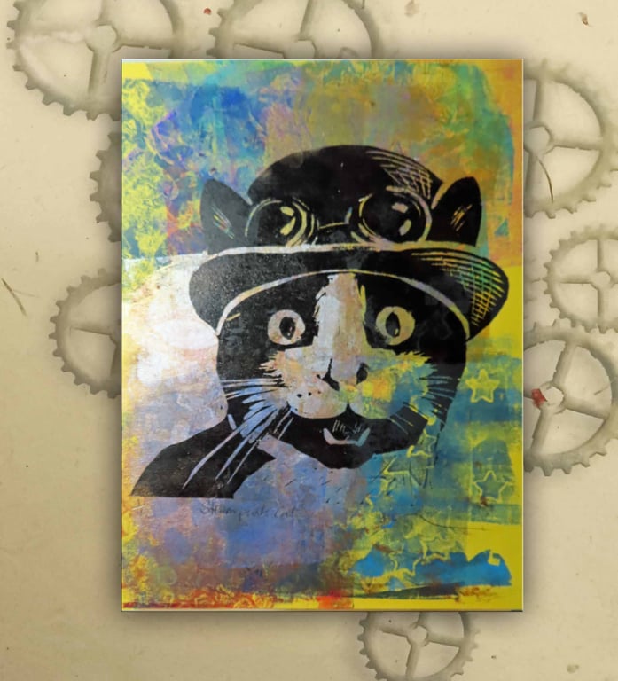Steampunk Cat One off Hand-Pulled Linocut & Gelli Print Yellow