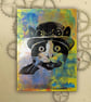 Steampunk Cat One off Hand-Pulled Linocut & Gelli Print Yellow