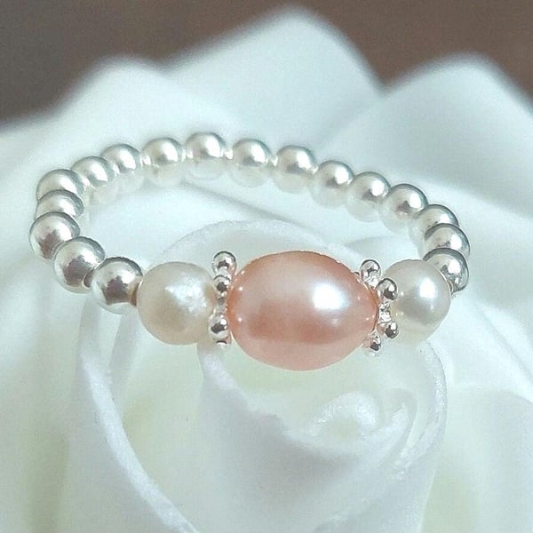 Pearl Stretch Ring - Peach White Pearls - Sterling Silver Beaded Ring, Handmade