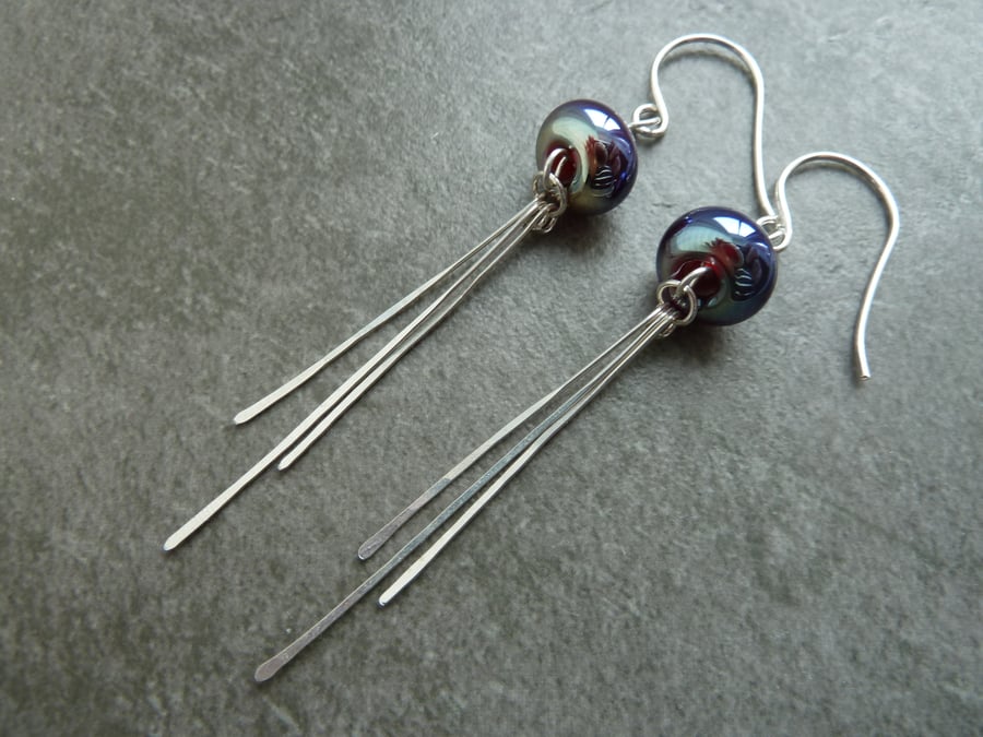 sterling silver, lampwork glass silver stick earrings