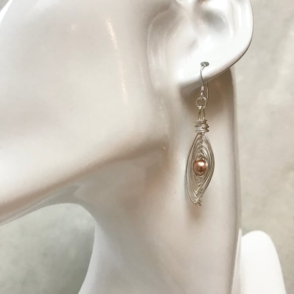 Handmade wire wrapped rose gold Swarovski Pearl bead earrings 