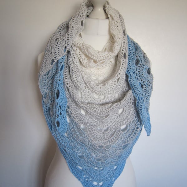 Hand Crochet White, Grey and Blue Ladies Shawl, Summer Shawl, Lacy Shawl