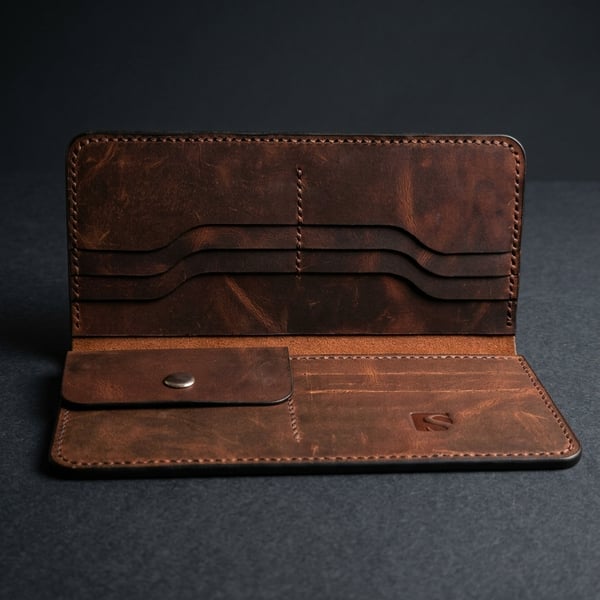 Mahogany Brown Full Grain Leather Long Wallet Coin Pocket Organiser Wallet UK