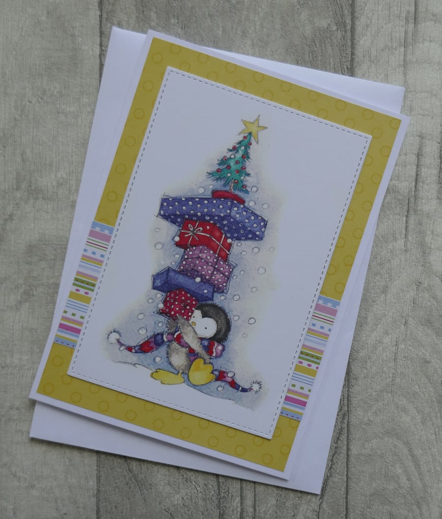 Cute Penguin with Pile of Christmas Presents and Tree - Christmas Card