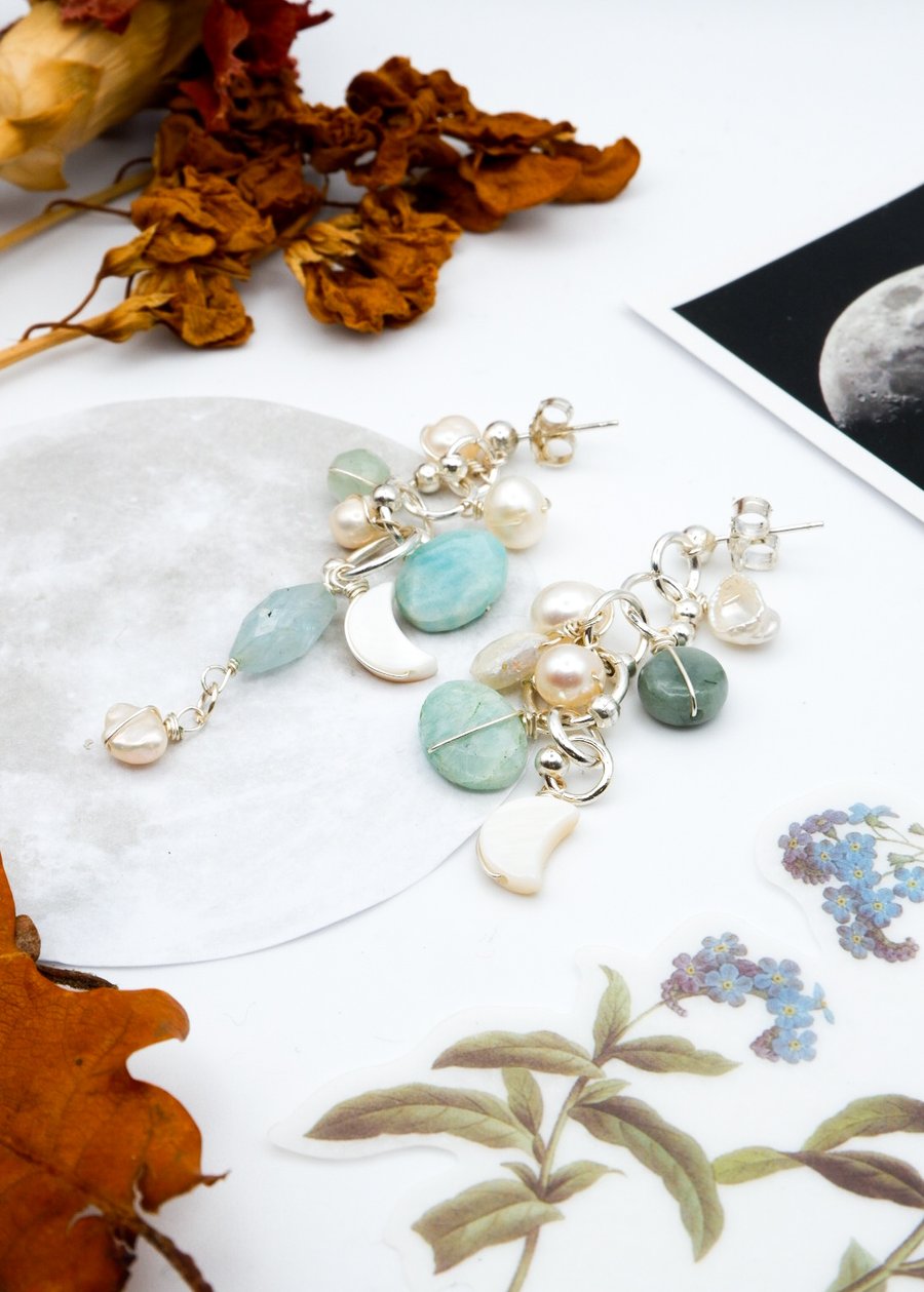 Sterling Silver Freshwater Pearl Amazonite Gemstone Confetti Celestial Earrings 