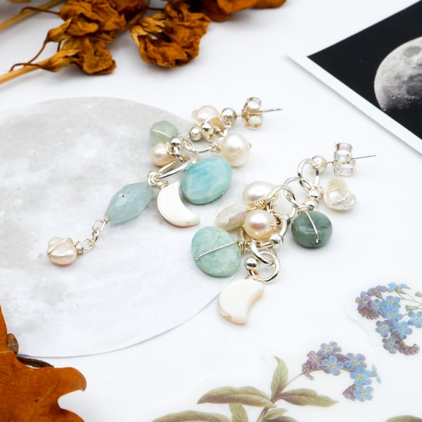 Sterling Silver Freshwater Pearl Amazonite Gemstone Confetti Celestial Earrings 
