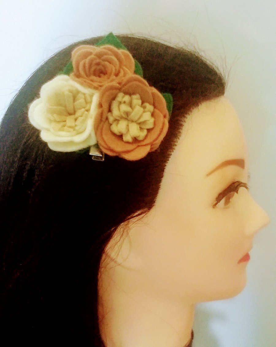 Cream and brown felt flower hair clip, wedding hair.