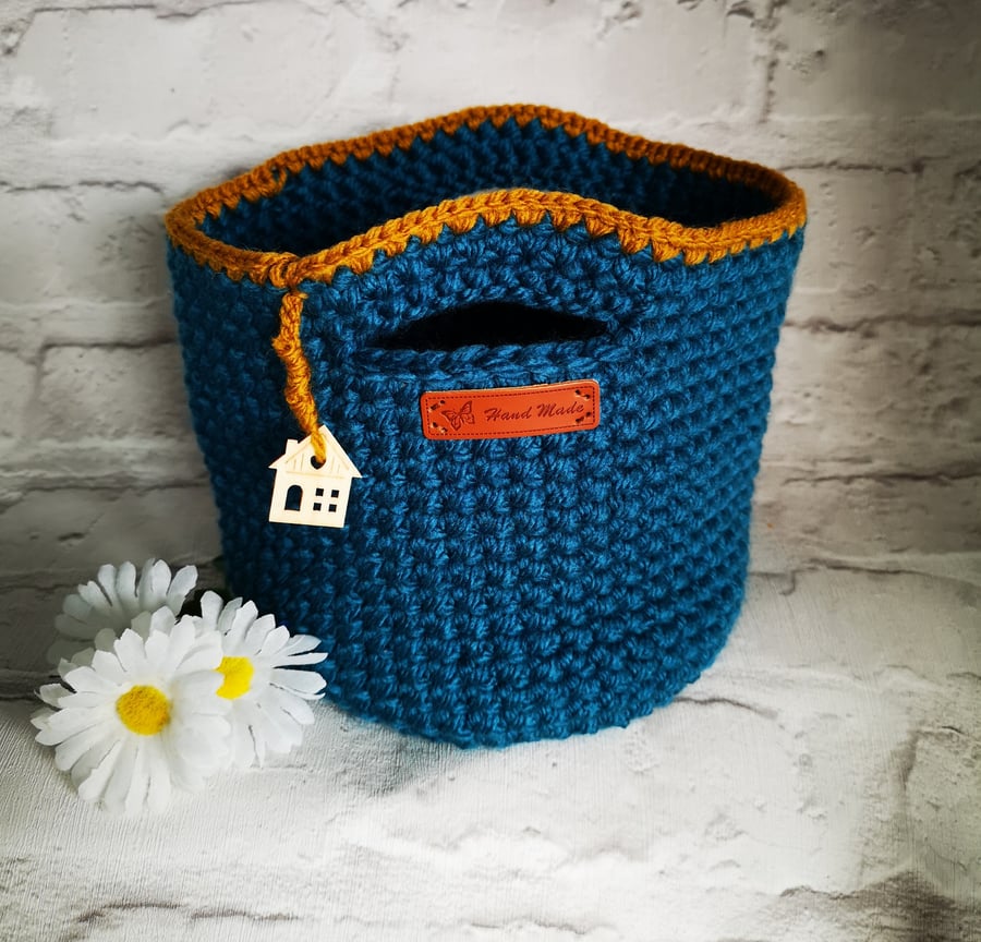 Crocheted Teal & Mustard Basket  FREE P & P