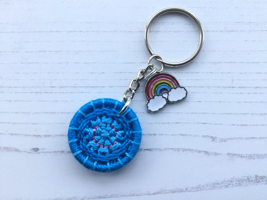 Dorset Button Keyring with a Rainbow Charm