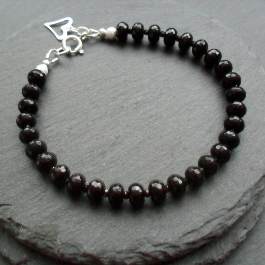  Black Agate and Black Spinel Semi Precious Gemstone Sterling Silver Bracelet