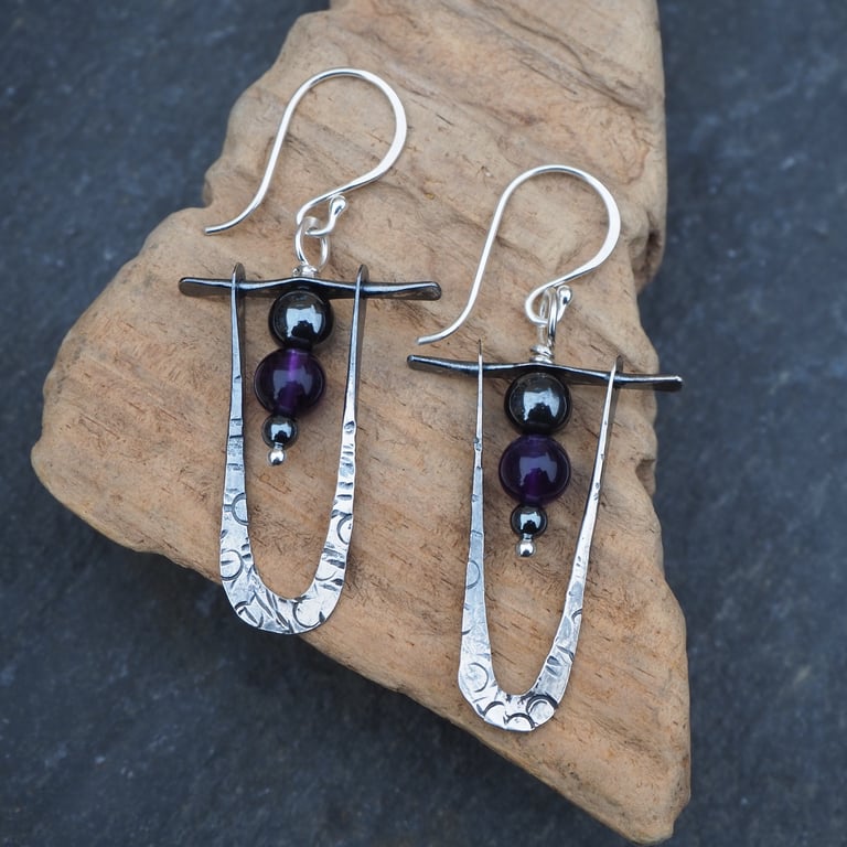 Amethyst and Hematite silver dangle earrings, forged and oxidised silver