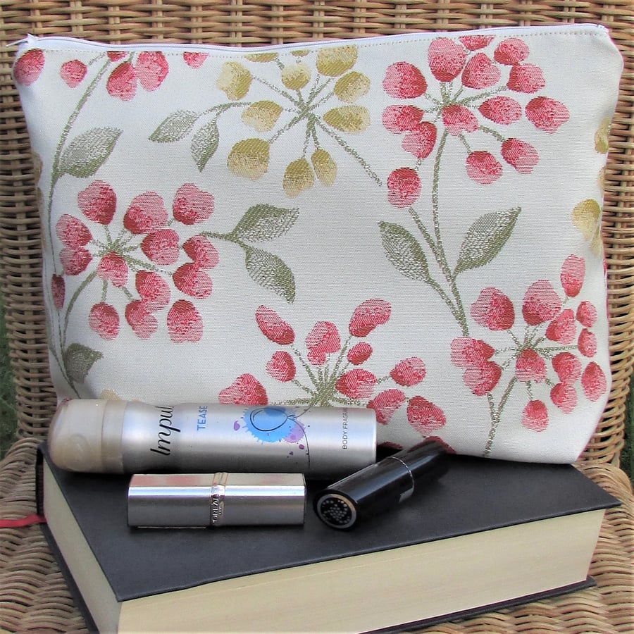 Cream toiletry bag, wash bag with yellow and red and floral pattern