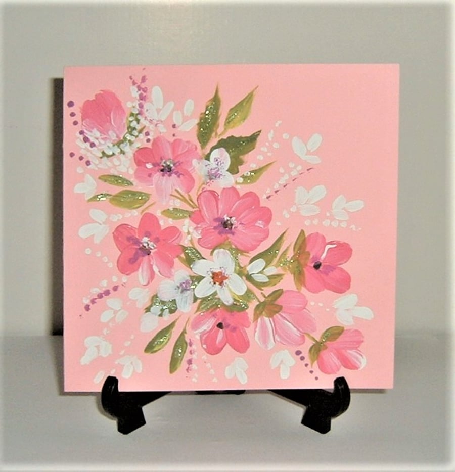 original art, hand painted floral greetings card ( ref F 597)