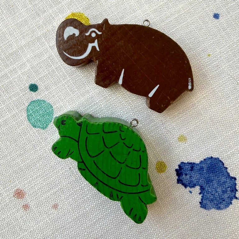 Upcycled Wooden Hippo and Turtle Ornament Pair - Old Stock - Super Seconds