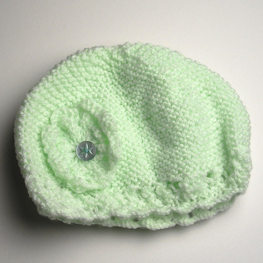 Hand Knitted Mint Baby Hat with Flower - UK Free Post
