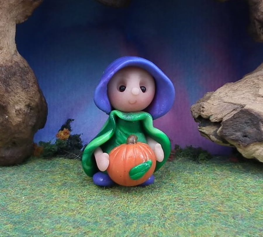 Tiny Pumpkin Farmer Gnome 'Frowse' Harvest OOAK Sculpt Ann Galvin