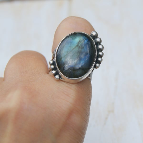 Large Labradorite Rustic Ring, Sterling Silver and Copper Ring Size R