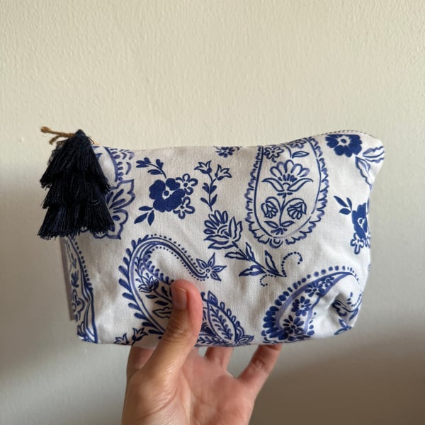 White and Blue Paisley Zipper Make Up Bag - Handmade