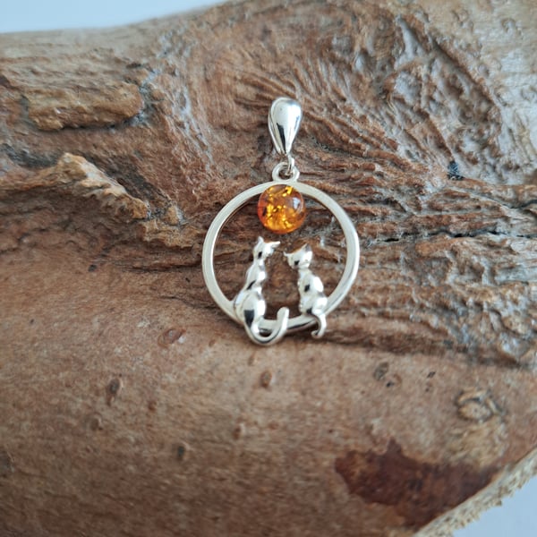 Amber Sun Gazing Sterling Silver Cats Necklace. Amber Necklace, Christmas Gift