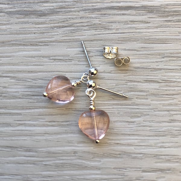 Pink heart glass drop post earrings. Sterling silver 
