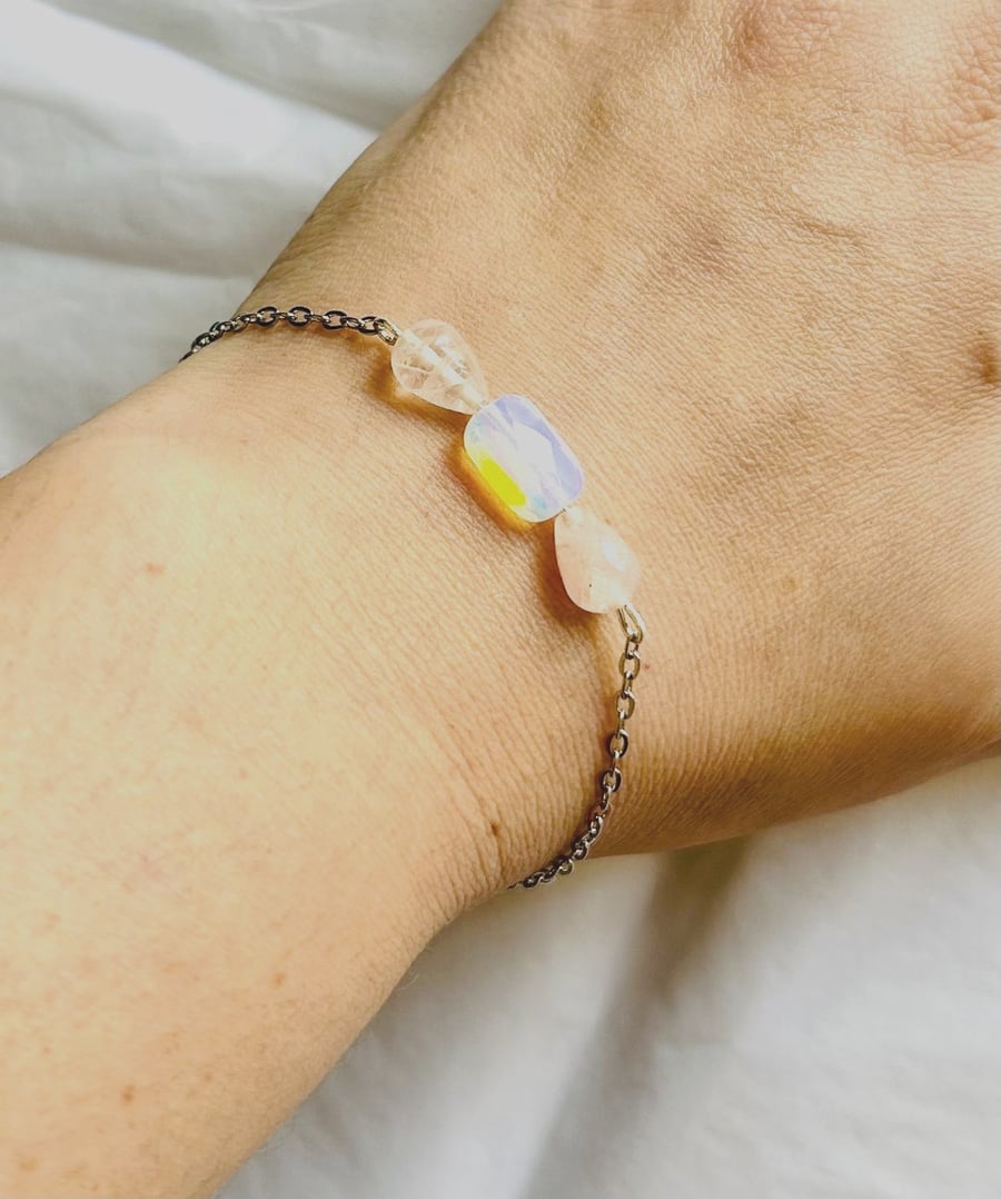Rose quartz & moonstone bracelet with stainless steel - Birthstones - Menopause