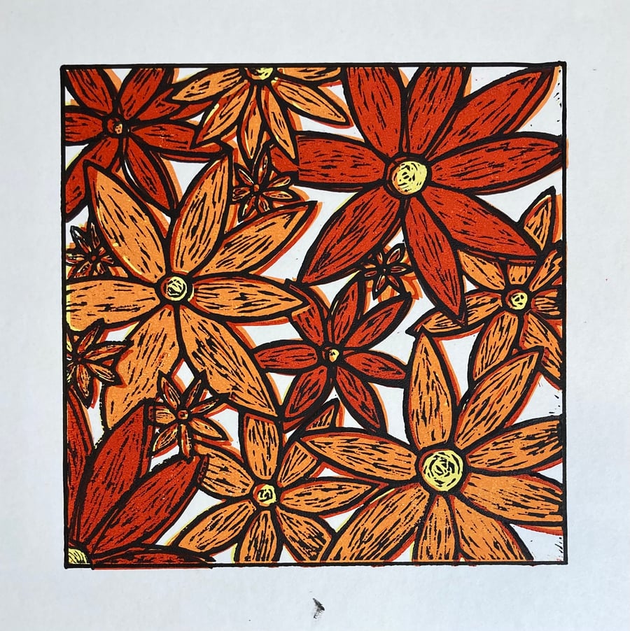 Flower explosion, original lino print, 'Perfectly Imperfect'
