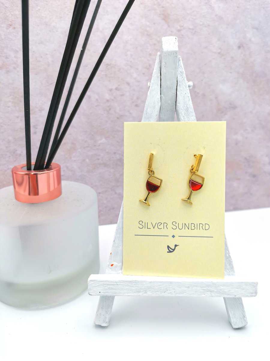 Red Wine Glass Enamel Earrings, Gold Stainless Steel Drop Studs, Fun Earrings