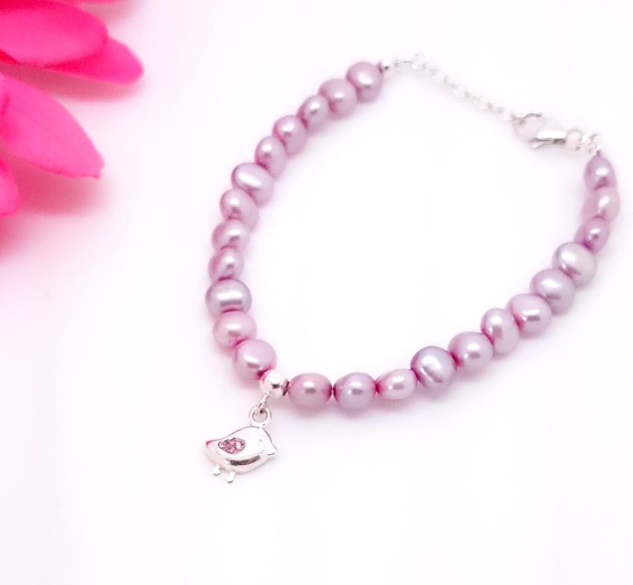 Pink Bird Children's Pearl Bracelet size 4-6 years