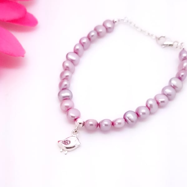 Pink Bird Children's Pearl Bracelet size 4-6 years