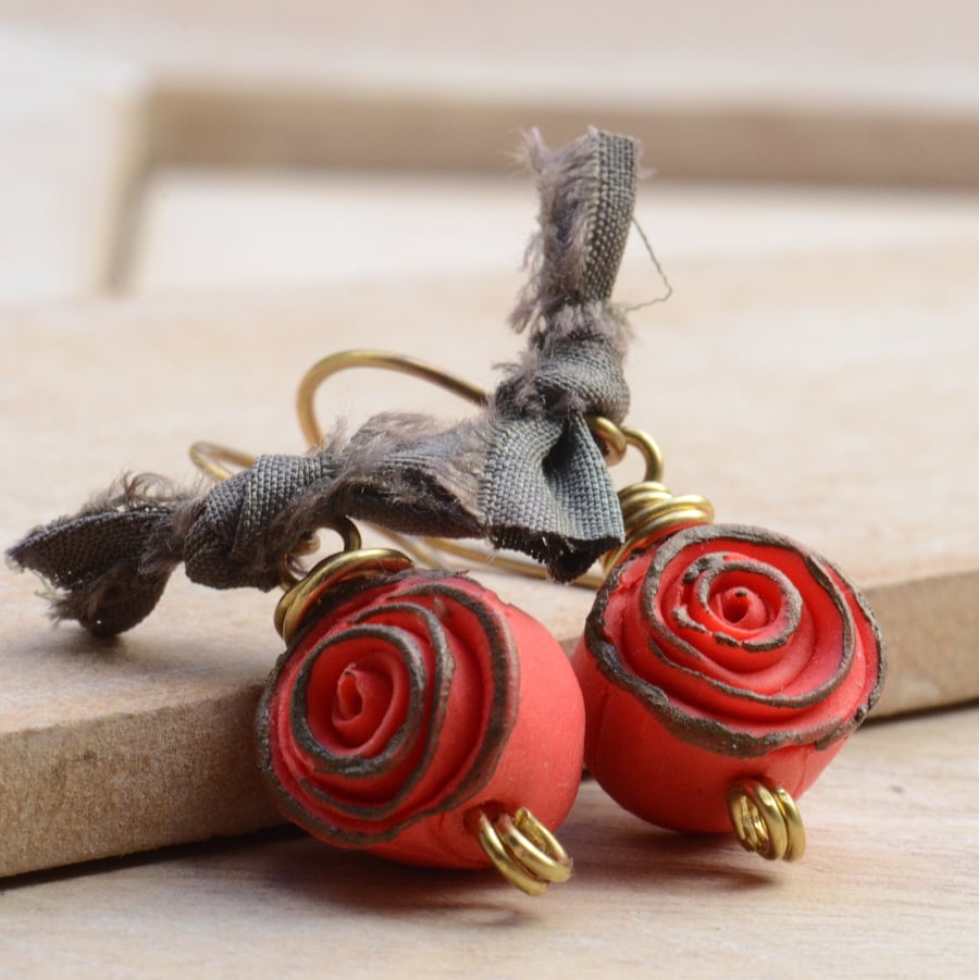 Polymer Clay Red Rose Bead Brass Earrings with Sari Silk Ribbon
