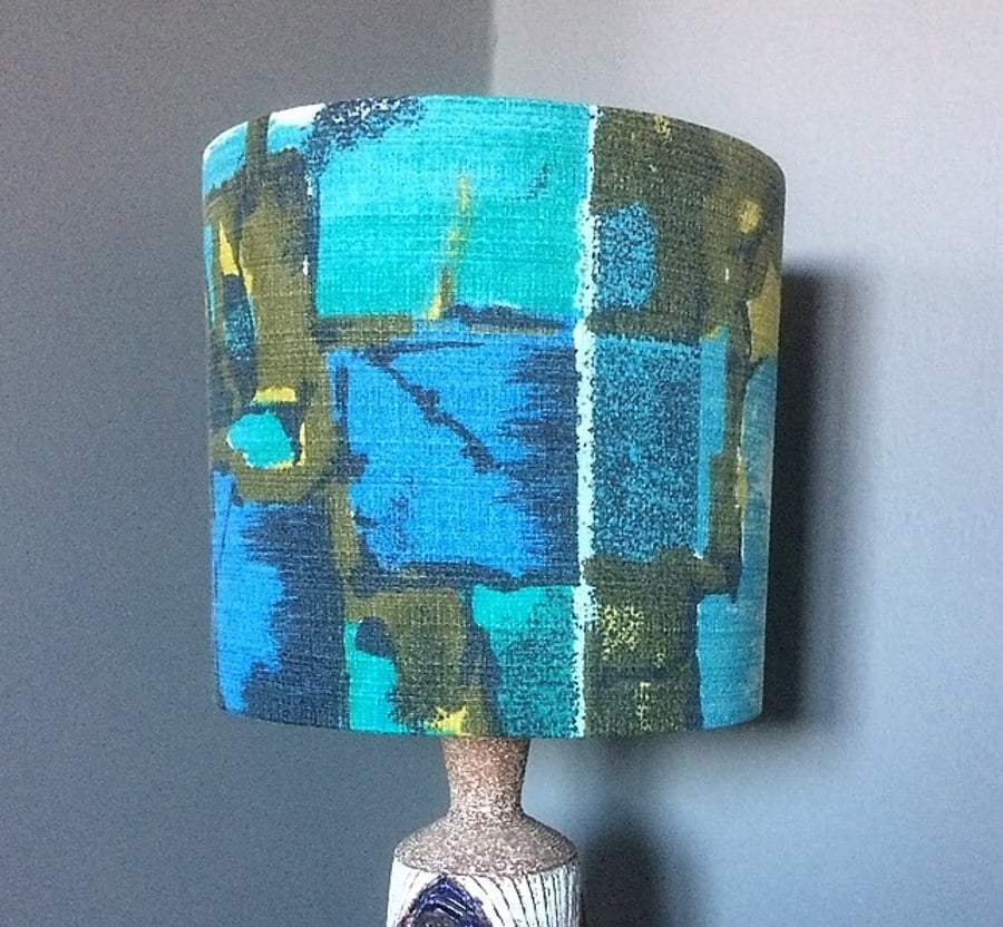 Geometric 50s 60s Blue Green  RETRO Barkcloth VIntage Fabric Lampshade option 