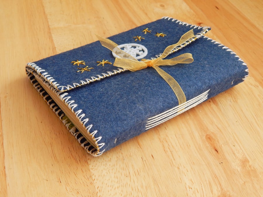 Felt Journal, Notebook. Blue felt Snowman journal, hand embroidered.