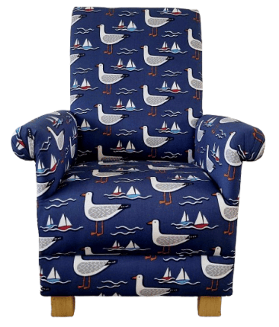 Navy Blue Gulls Armchair Seagulls Birds Chair Coastal Seaside Accent White