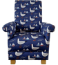 Navy Blue Gulls Armchair Seagulls Birds Chair Coastal Seaside Accent White - Image 1