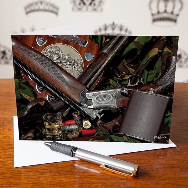 Shooting Gear, Guns Cartridges and a Wee Dram Greetings Card - Blank Inside - Bi