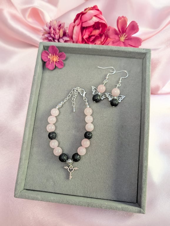 Rose Quartz & Black Lava Stone Jewellery Set