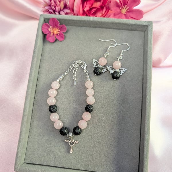 Rose Quartz & Black Lava Stone Jewellery Set